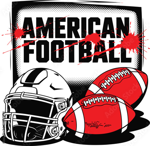 Striking American football design featuring a classic helmet two balls and bold text with red paint splatters