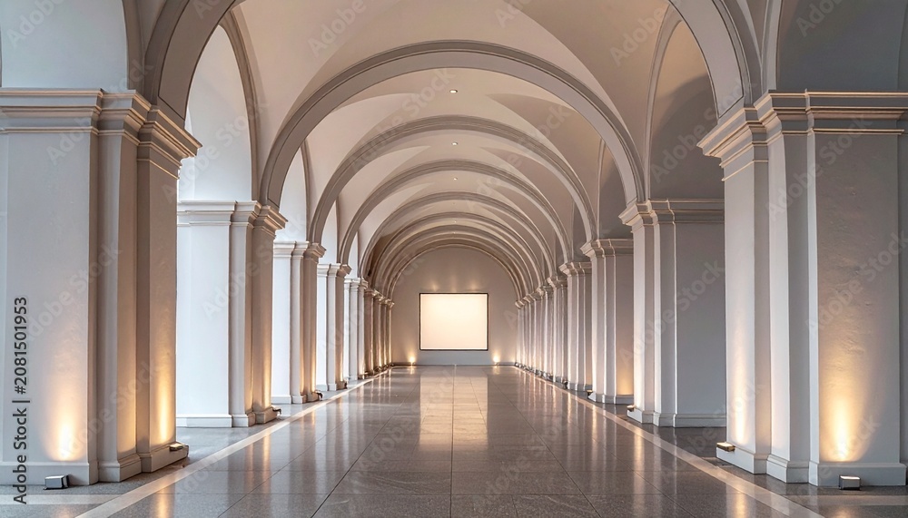 Obraz premium Elegant arched hallway with columns and reflective floor.
