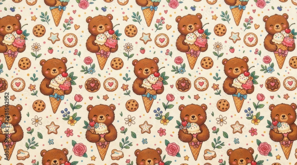 Fototapeta premium Colorful Cartoon Bears Pattern on Pastel Background with Ice Cream and Hearts