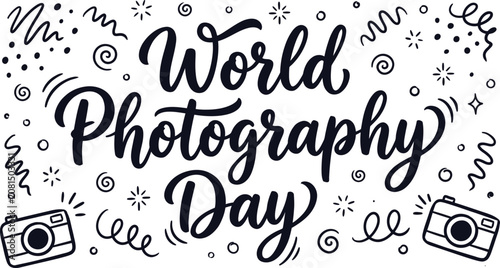 Hand lettered World Photography Day typography with cute doodle elements and camera icons for festive design projects
