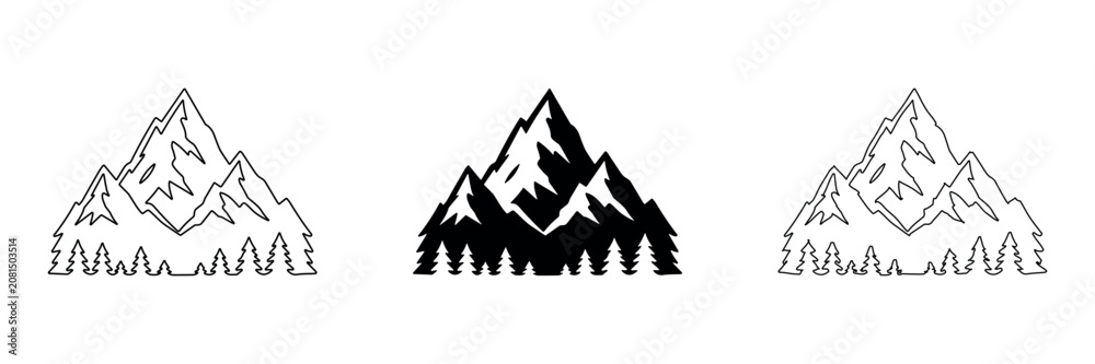 Obraz premium Stylized mountain range with pine trees in outline, solid, and hand-drawn icon styles