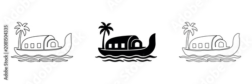 Slika na platnu Traditional houseboat with palm tree on wavy water, vector icons in outline and