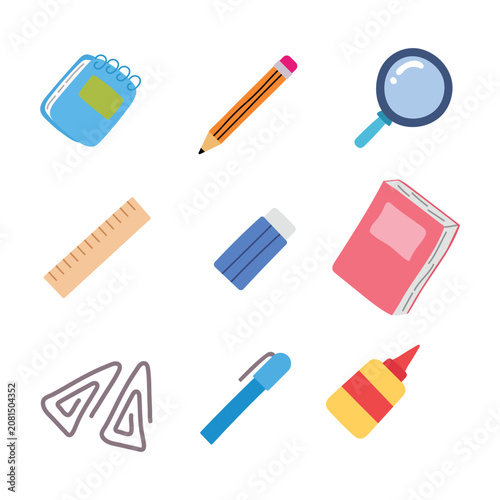 Konstfotografi Vector illustration icon set of school and office stationery: notebook, pencil,