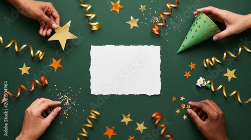 A festive flat‑lay on a green background with a torn white paper rectangle centered for a message. Surrounding it are gold and orange 3D stars, metallic star confetti, curled gold ribbon.