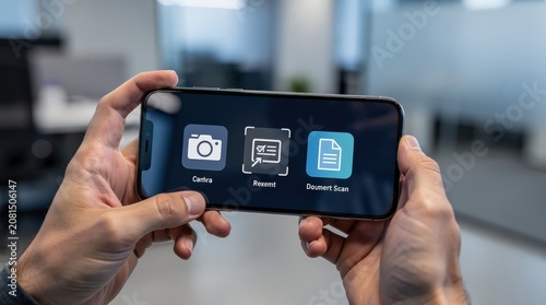 A person holds a smartphone displaying three app icons: Camera, Recent, and Document Scan, in a blurred office setting.