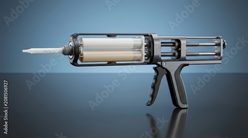 Dual cartridge gun 3D render twin chamber dispensing tool designed for material mixing application and bonding tasks