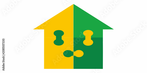 Photography House shaped puzzle pieces split vertically yellow and green vector illustration