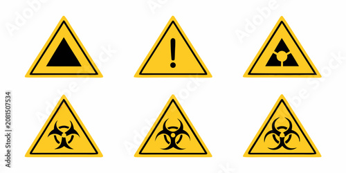 Yellow Triangular Hazard Signs With Black Symbols Vector Illustration