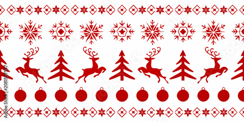 Red christmas ornament pattern with reindeer trees and snowflakes