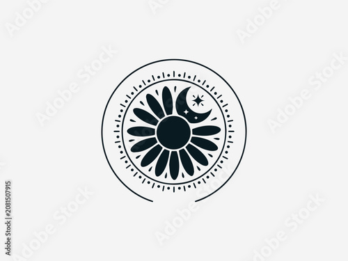 Chamomile Moon Sun Folk black vector logo white background