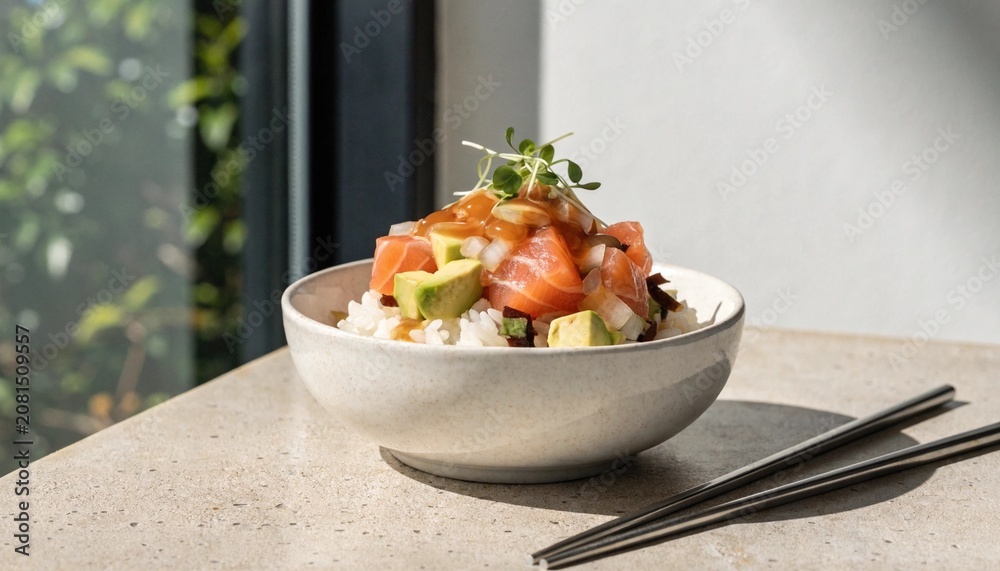 © Eshal - A bright bowl of salmon poke with rice, avocado, onions, and microgreens beside chopsticks suits healthy dining ads, seafood menus, or meal delivery promotions. © Eshal - A bright bowl of salmon poke with rice, avocado, onions, and microgreens beside chopsticks suits healthy dining ads, seafood menus, or meal delivery promotions.
