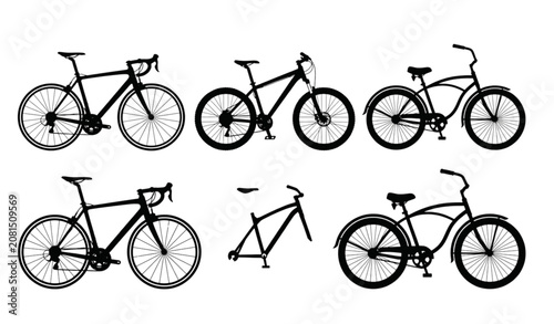 Tableau sur toile Black Bicycle Silhouette Collection with Road Mountain and Cruiser Bike Vector S