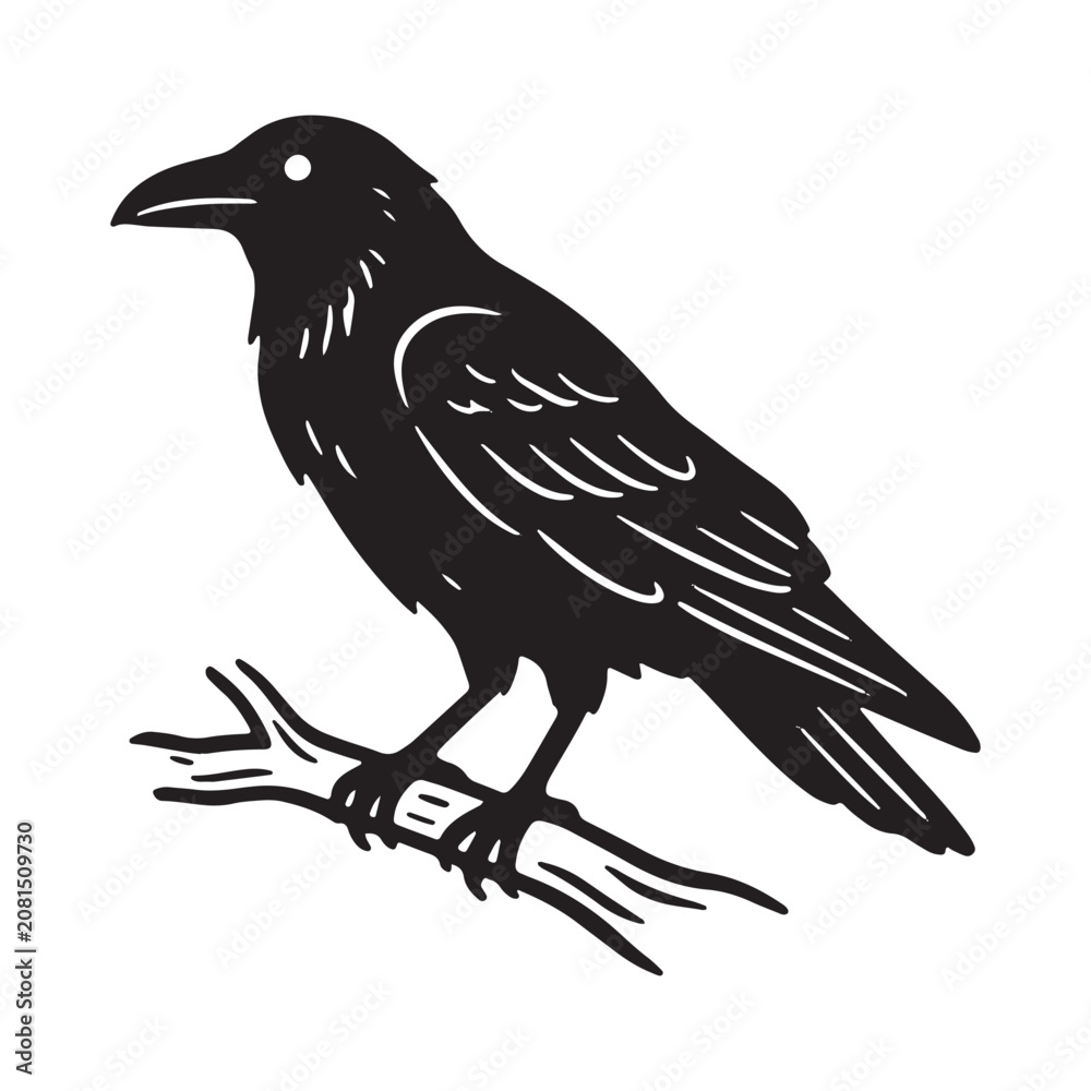 Fototapeta premium Black raven perched on a branch vector silhouette graphic with wildlife silhouette illustration