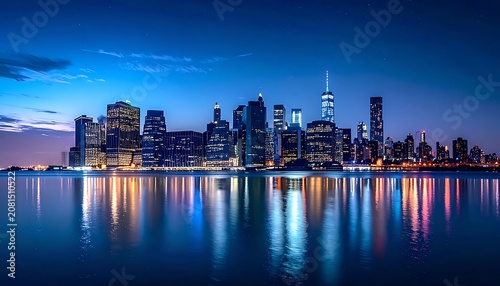 A serene cityscape at dusk with skyscrapers reflected in water (1)