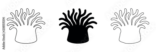 Obraz na płótnie Three stylized sea anemone icons in outline and solid fill styles