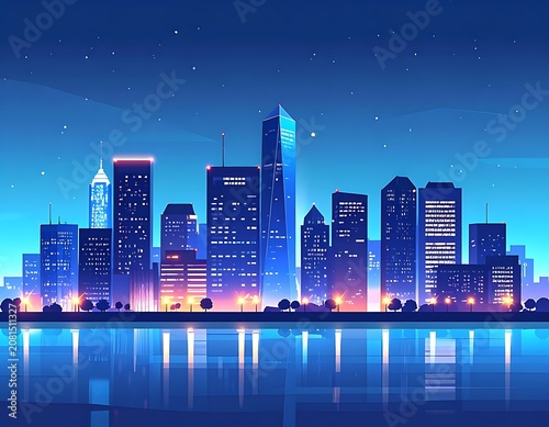 A serene cityscape at night with a body of water in foreground