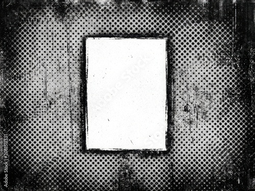 A rectangular vertical empty frame on a dark grunge textured background with a repeating pattern and rough distressed vintage edges isolated on white background