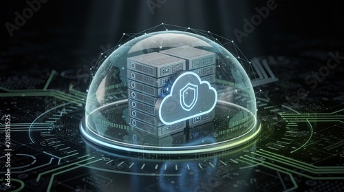 A digital server protected by a transparent security dome, symbolizing cloud data protection and cybersecurity on a circuit board background.
