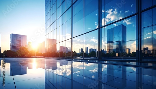 A serene cityscape at sunrise reflected in a glass facade