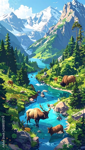 A serene digital landscape with a river, mountains, and wildlife