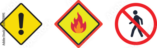 Tableau sur toile Industrial safety signs vector illustration featuring warning exclamation fire and no pedestrian icon