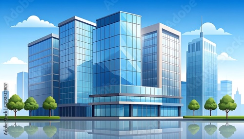 A serene cityscape with modern glass buildings and trees