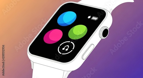 Modern digital wrist wearable device with colorful screen icons and white strap on gradient background