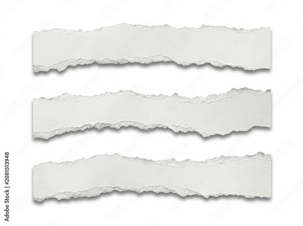 Fototapeta premium Three pieces of white torn paper strips with rough edges for design projects and scrapbooking layouts on a blank surface isolated on white background