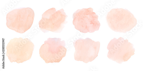Obraz na płótnie Soft watercolor blotch in peach and pink tones creates a delicate splash vector illustration set with pastel brush strokes, gentle texture, and subtle coral hues for artistic designs.