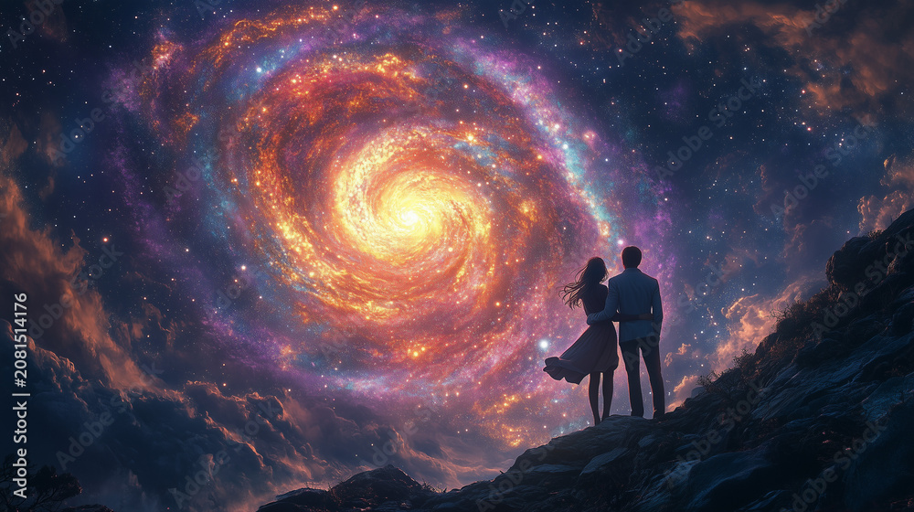 Fototapeta premium A couple stands gazing at the universe at sunset.