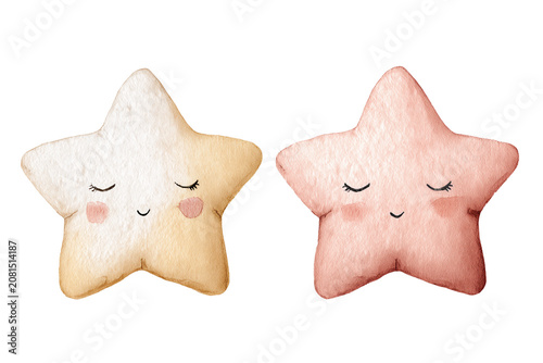 Two hand drawn cute stars with one smiling face in pastel colors isolated on transparent background, Clipart png