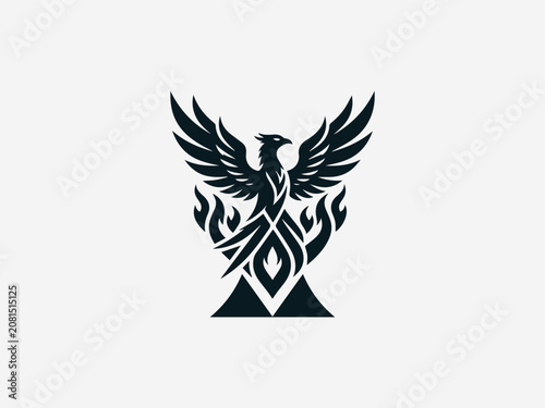 Phoenix Or Fire Bird With Blazing Flames black vector logo white background
