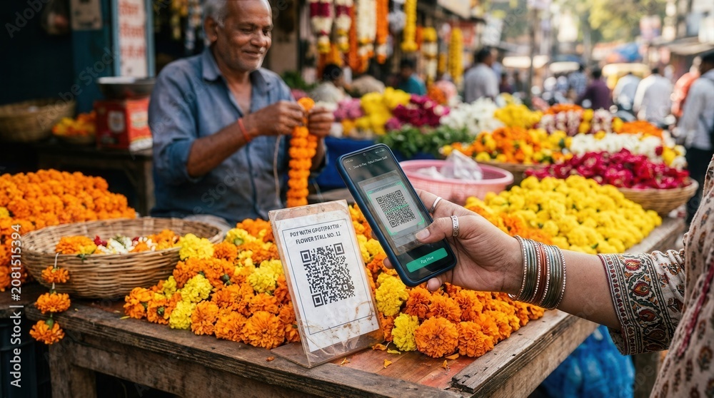 Obraz premium Woman uses phone to scan QR code on a sign at a vibrant flower market stall
