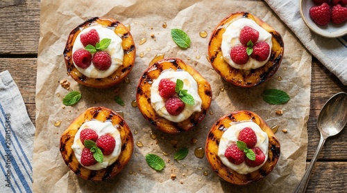 Delicious grilled peaches with creamy topping and fresh raspberries on parchment paper on a wooden table