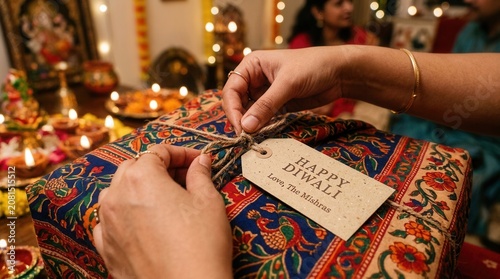 A person ties a gift with a decorative tag saying Happy Diwali in a festive room with lit candles and colorful decorations.