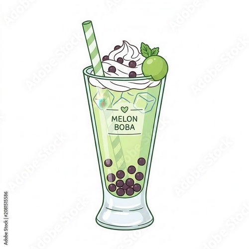 A refreshing glass of melon boba tea with whipped cream and a straw