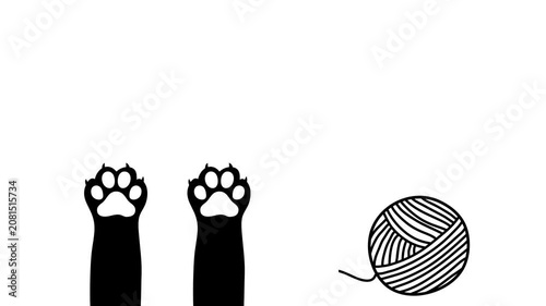 Black cat appreciation day animated banner.  Cute black cat paws with ball of yarn and typography text