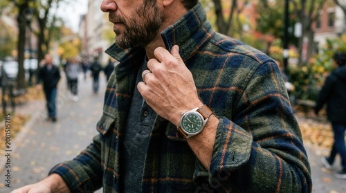 Man wearing plaid jacket and watch on city sidewalk in fall