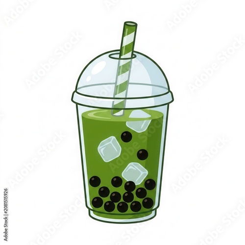 A refreshing green drink with boba and ice cubes in a plastic cup