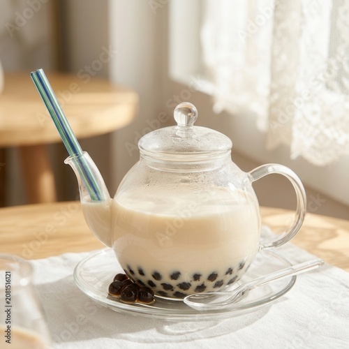 A glass teapot with milk tea and boba sits on a plate with a spoon on a wooden table indoors.