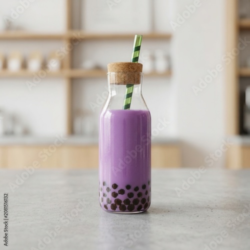 A bottle of purple milk tea with boba sits on a kitchen countertop.