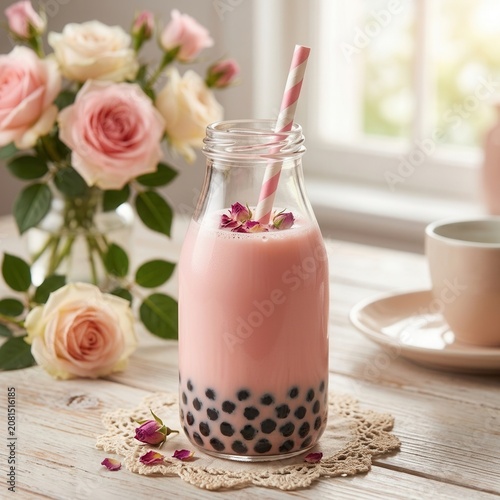 A glass bottle of pink bubble tea with a straw sits on a table next to a vase of pink roses and a cup of coffee.