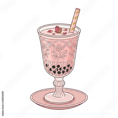 A pink smoothie with a straw sits on a saucer with fruit.