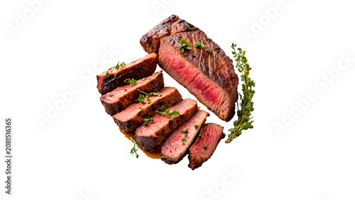 Sliced medium rare roasted beef steak juicy gourmet meat isolated on transparent background