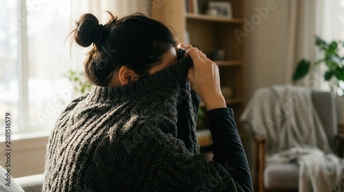 Woman taking a photo with a camera in a cozy living room interior.