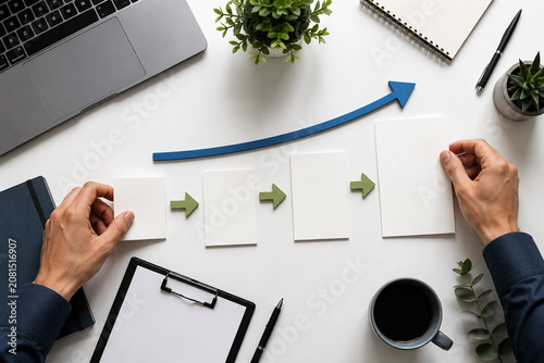 Business Growth Roadmap with Arrows and Graph on Office Desk