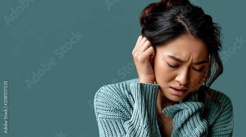 Horizontal awareness banner, woman covering ears in distress positioned to the right, large empty negative space left in muted teal tones for headline text