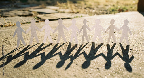 Nine connected paper human figures standing on outdoor ground
