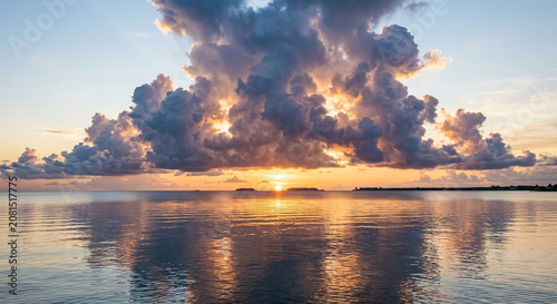 Golden Sunset Over Calm Ocean And Large Clouds