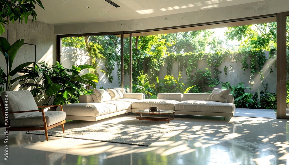 Fototapeta premium Bright modern living room with sustainable linen furniture and indoor plants, featuring floor-to-ceiling windows with a lush green forest view.